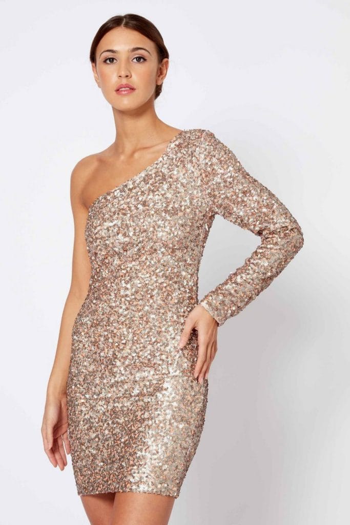 Robe soirée sequins paillettes dore asymetrique